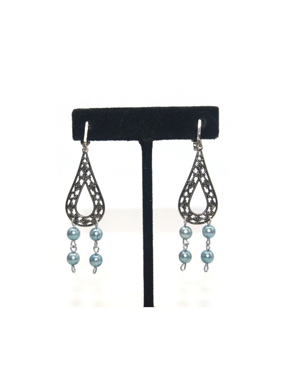 Vintage Silver Tone and Blue Faux Pearls Dangle Clip on Earrings.